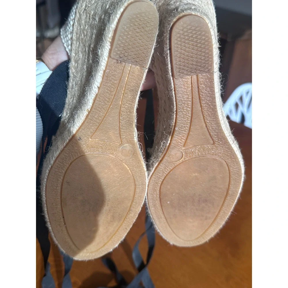 Black Canvas Espadrille Wedges Made in Spain Ankle Tie Sandals Size 38